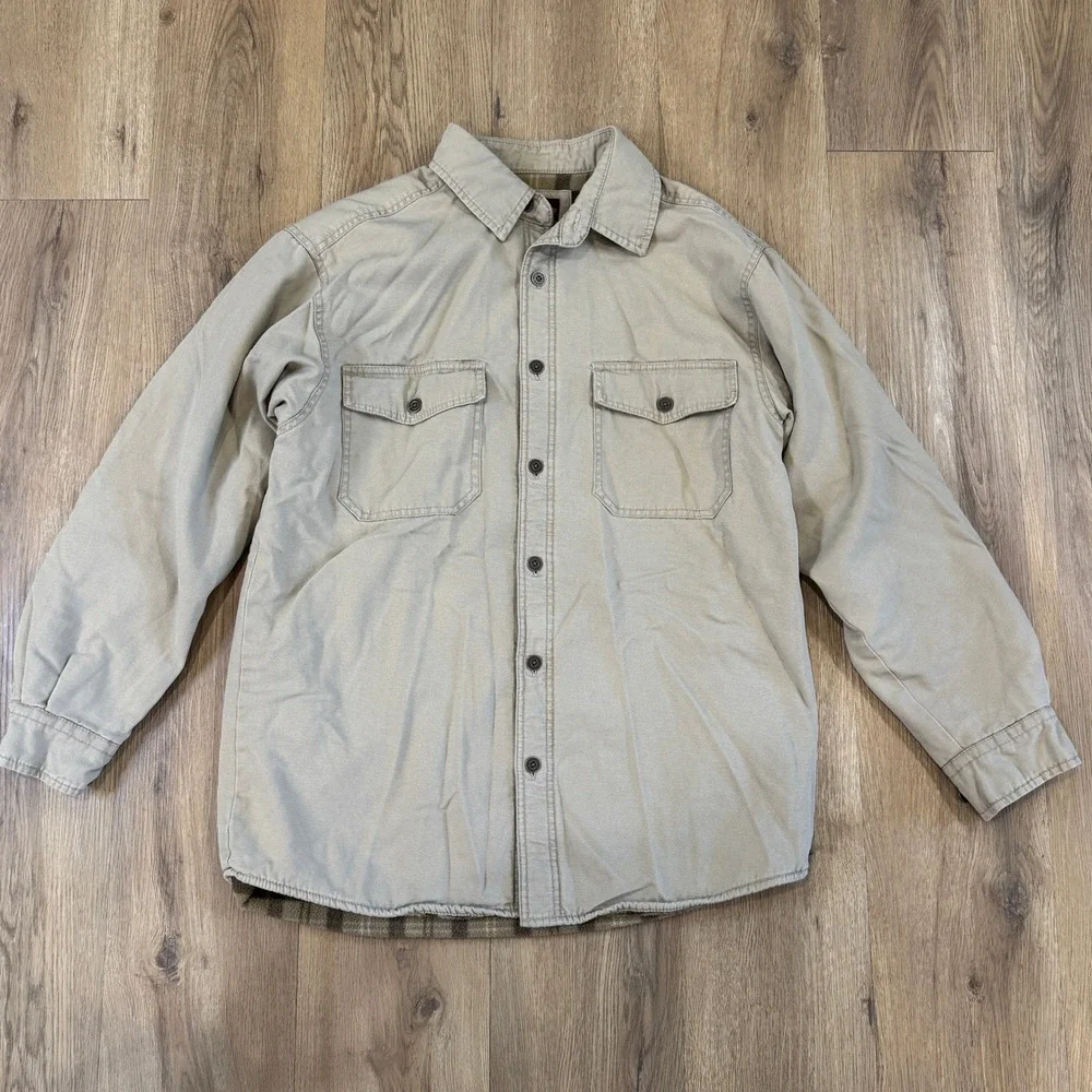 Y2K Levi Strauss Canvas Chore Jacket Shacket Fleece Lined Tan Plaid Size Medium